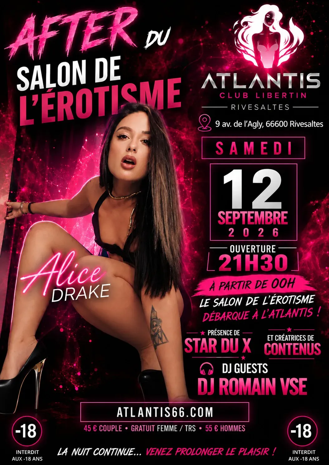 Affiche de l'after du Salon de l'Érotisme à L'Atlantis, samedi 12 septembre